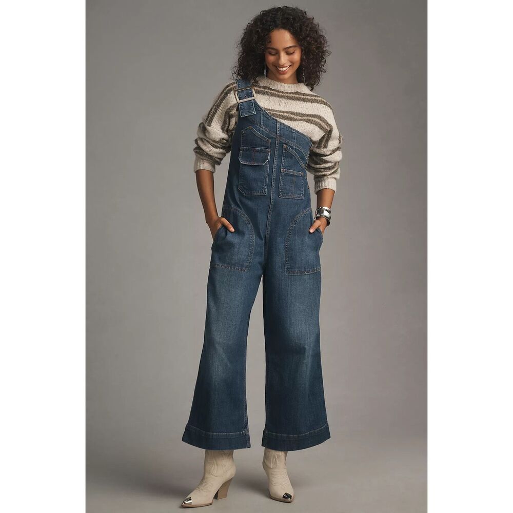 Anthropologie Dark Blue Denim Wide-Leg Asymmetric Overalls Jumpsuit